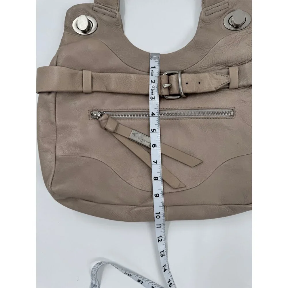 Foley + Corinna Jet Setter Taupe Leather Shoulder Bag With Front Zipper Pocket